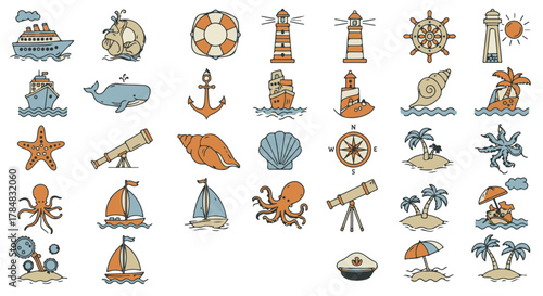 nautical marine elements boat lighthouse anchor island and seashells for ocean-themed designs and seaside travel enhancing creative summer projects.