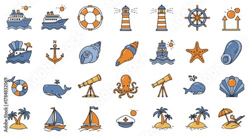 nautical themed illustrations set featuring ships lighthouses shells and island elements ideal for travel blogs and ocean-themed projects.