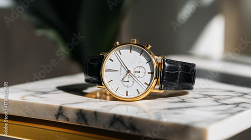 premium wristwatch with leather strap placed on white marble slab, elegant product composition, glossy reflection, high contrast light