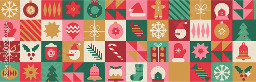 Seamless geometric vector Christmas and holiday pattern grid banner. Flat design tile background with icons like Santa hat, gingerbread, candy cane, and ornaments