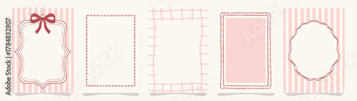 Set of five vector vintage pink frame and card templates with stripes, bow, and decorative borders. Cute, feminine, and elegant design for labels or invitations.