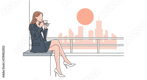 Businesswoman enjoying a coffee break with city skyline in the background sketch style