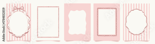 Cute Girly Pink Frame Set: Vector collection of sweet, whimsical vertical striped and solid pink decorative labels, scalloped frames, and blank border elements for design.