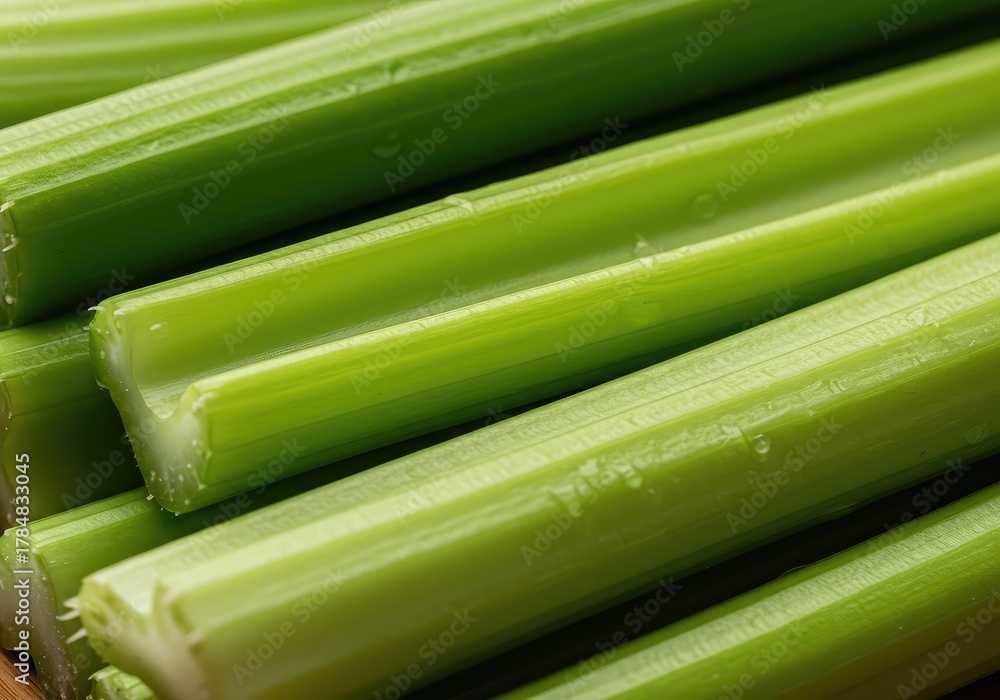 Fototapeta premium A vibrant close-up of fresh, raw green celery stalks being prepared for a healthy snack, emphasizing the crisp texture and appealing natural fiber ,preparation ,delicious ,ingredient