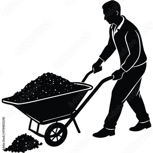 Gardener Silhouette Pushing a Wheelbarrow Full of Soil or Compost in Black and White on White Background