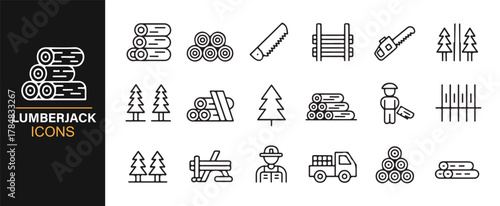 Timber harvesting and logging equipment illustrated in line-art icons