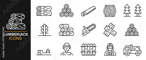 Chainsaw, axe, stump, and log icons in clean modern outline style