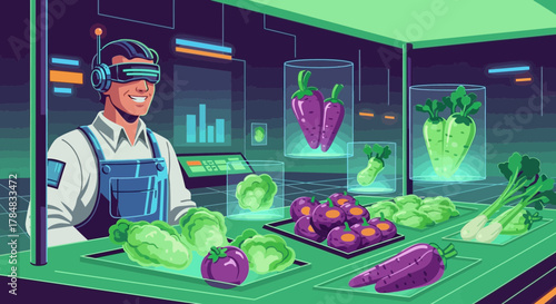 Futuristic farmer with virtual reality headset managing hydroponic vegetable production with