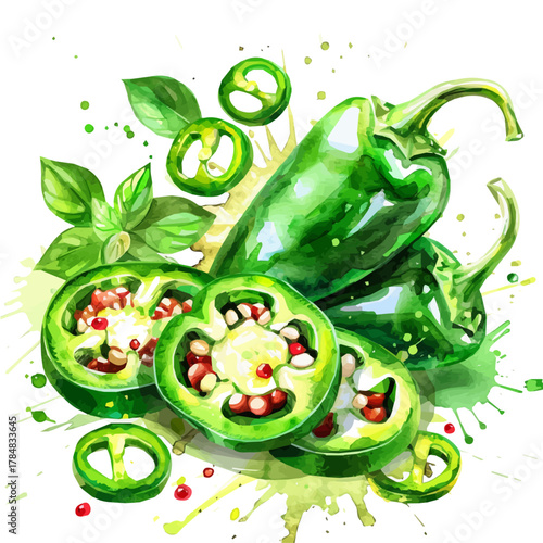 Vector illustration set, eps format, My Watercolor illustration, sliced jalapeno painting isolated on a white background, EPS painting design