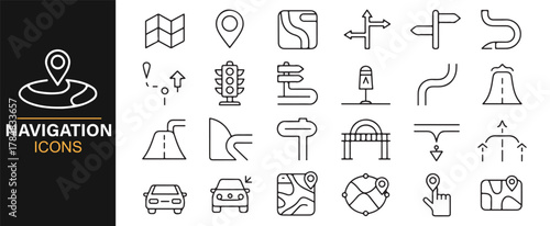 Modern navigation vector icons with roads, cars, and direction markers