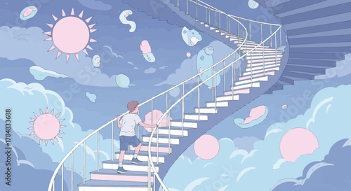 Illustration of a boy climbing a staircase to the sky filled with dreams and aspirations in a
