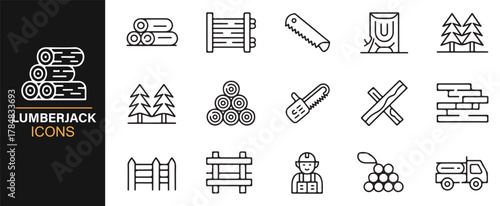 Woodcutting and forestry tools outline icons with logs, chainsaws, and timber