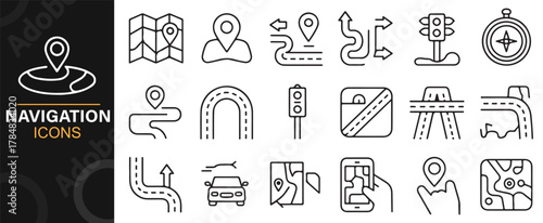 Line-style navigation icons for maps, routes, and geolocation interfaces