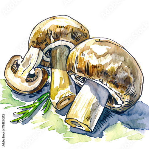 2D design Vector illustration, My Watercolor, hand-painted, simple, flat sliced shiitake mushroom painting illustration isolated on a white background, EPS format design. vector design