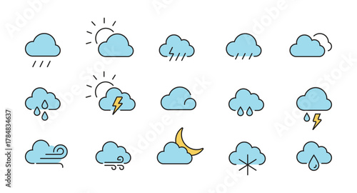 Rounded line icon set weather climate clouds sun temperature. Forecast icons. Vector illustration.