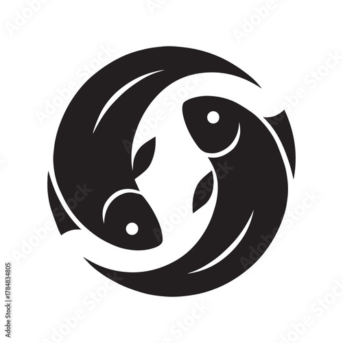 Two fish swimming in a circle forming a yin yang symbol in black and white illustration style