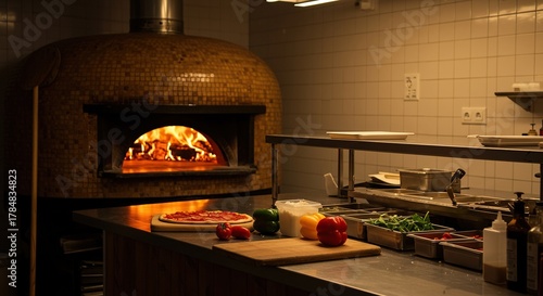 A warm, inviting scene of a traditional pizza restaurant interior, showcasing the glowing oven and fresh ingredients ready for crafting delicious meals ,fresh ,dinner ,authentic