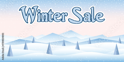 Winter banner, winter sale, minimalistic winter landscape, snowy peaks and snowdrifts and snowfall, vector design