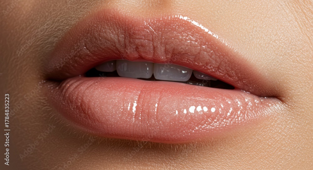 Fototapeta premium Close-up of Glossy Pink Lips with Subtle Hairs
