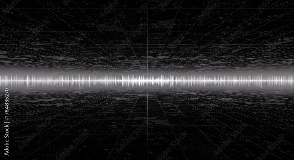 Fototapeta premium Conceptual abstract visualization of sound waves repeating in an infinite, atmospheric void, emphasizing deep spatial quality and sonic feedback ,perspective ,echo ,wave
