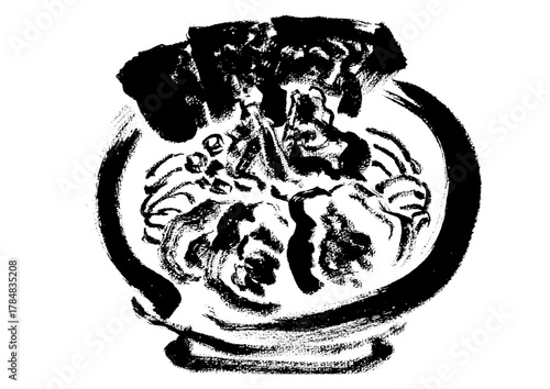 家系ラーメンの和風の筆書きイラスト　モノクロ