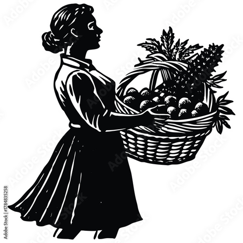 Woman with Fruit Basket Silhouette, Vintage Style Illustration for Graphic Designs on White Background