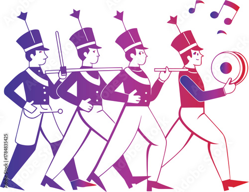 Marching Band Members in Uniform with Musical Notes musicians parade