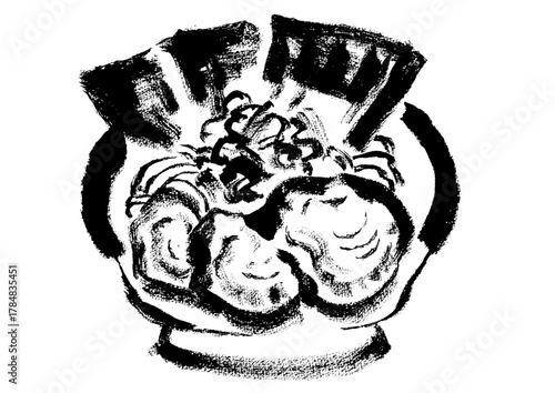 家系ラーメンの和風の筆書きイラスト　モノクロ