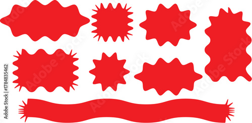 Collection of jagged red shapes and a wavy banner A collection of eight red, jagged, starburst-like shapes and one long wavy banner with fringed ends on a white background.