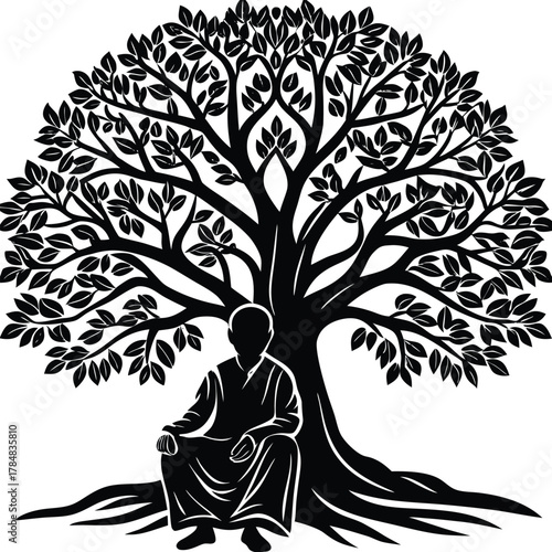 Meditating Man Silhouette Under a Tree Illustration Depicting Spirituality and Peace on White Background