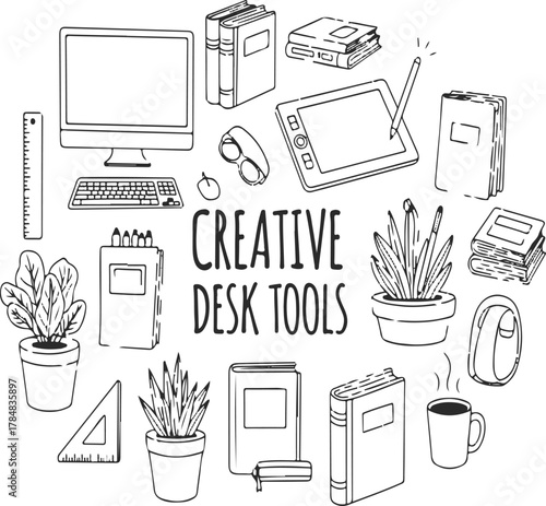 CREATIVE DESK TOOLS doodle illustration with computer, drawing tablet, books, and office supplies isolated on Transparent Background