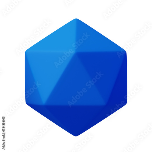 3d Icosahedron Blue color, Abstract realistic rendering of 3d geometry shape object element