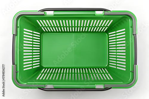 Overhead view of a vibrant red plastic shopping basket on png, shopping basket, green basket, plastic basket, store basket, supermarket basket, shopping container, retail, grocery, market, container