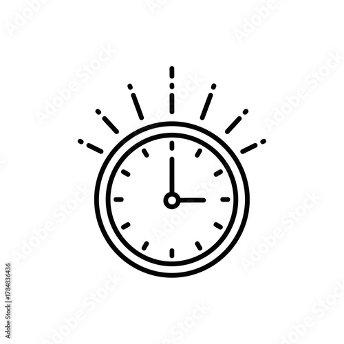 Illustrated clock with rays in minimalist black and white style  