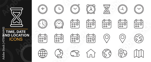 Thin-line symbols for events, timing, world navigation, and travel