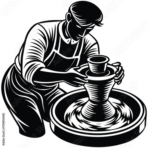 Potter at Work Silhouette Creating Clay on Wheel Illustration Graphic Art on White Background