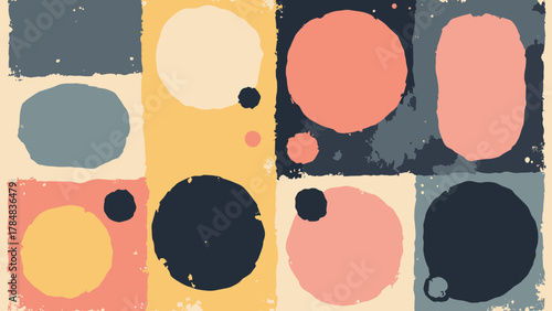 Memphis rounded grid — rounded rectangles in offset grid with drop shadows; palette: slate, pink, lemon, black