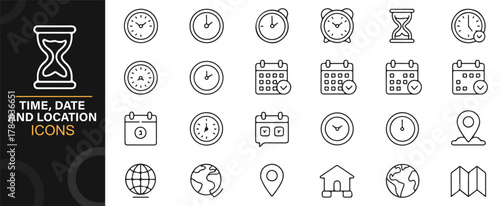 Timekeeping, planning, and geolocation icons in modern line style
