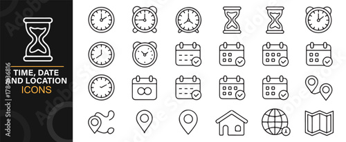 Outline icons of clocks, calendars, and location markers in a clean set
