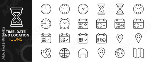 Minimal time, date, and navigation line icons for scheduling and mapping
