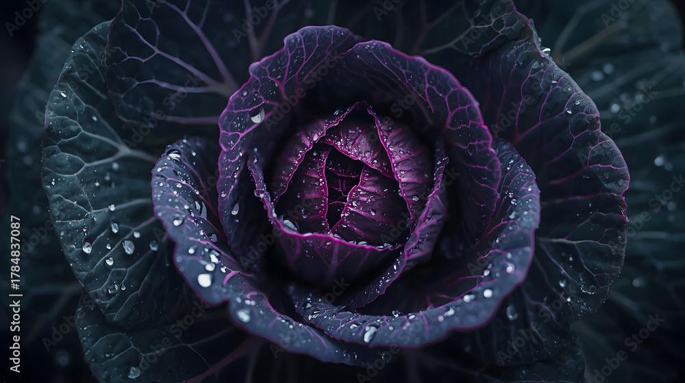 Obraz premium Macro Majesty A Close-Up of a Dew-Kissed Ornamental Cabbage, Revealing Nature's Intricate Beauty
