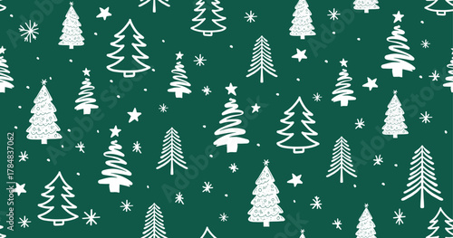 Christmas tree pattern on green background, Hand drawn illustrations.	

