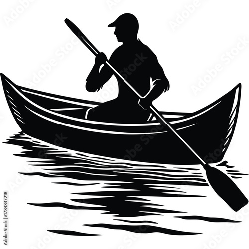 Man Paddling Canoe Silhouette Illustration on Water Scene on White Background