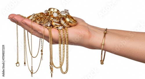 Hand holding Gold jewelry collection Rings, Necklaces, Bracelets, for luxurious fashion