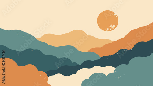 Abstract mid-century shapes — pebble-like organic forms in layered composition, palette: teal, ochre, cream