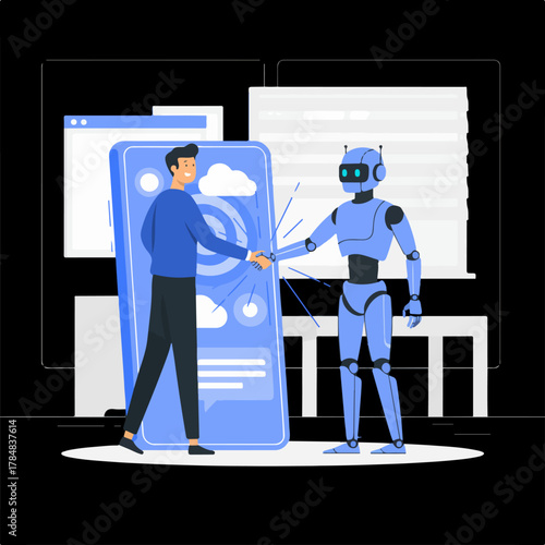 Robot and Human Shaking Hands Over Digital Tablet, AI–Human Partnership and Technology Collaboration Concept