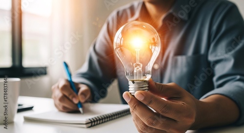 Bright Idea Man Holding Glowing Light Bulb, Capturing Creative Innovation Concept