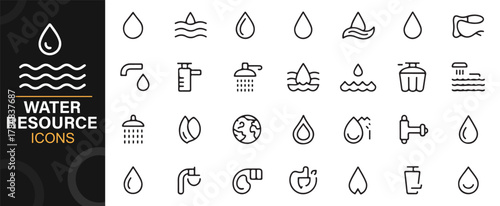 Thin-line water utility and conservation icons for ecological themes