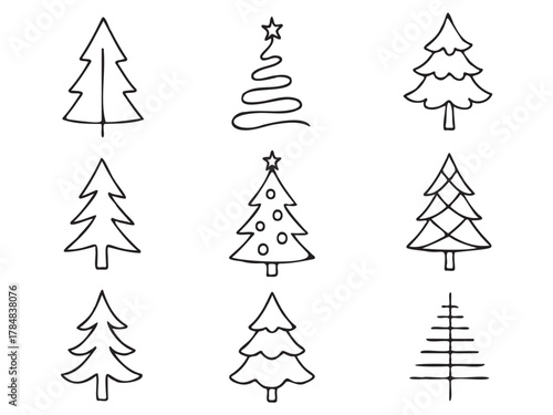 A set of nine Christmas trees drawn in black. The trees are all different sizes and shapes, with some being taller and others shorter. The trees are arranged in a row