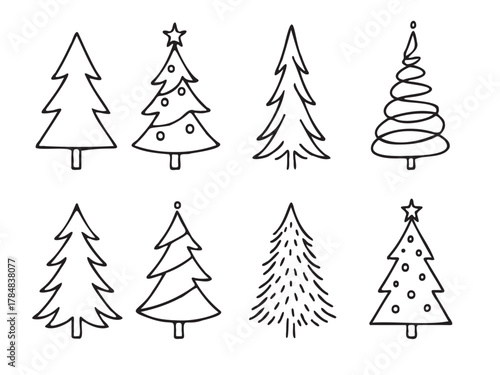A set of six Christmas trees drawn in black. The trees are all different sizes and shapes, but they all have a similar design. The trees are arranged in a row, with the tallest tree on the left